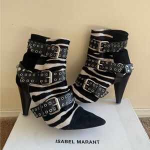 Isabel Marant Black and White Zebra Print Women's Lysett Boots in 39